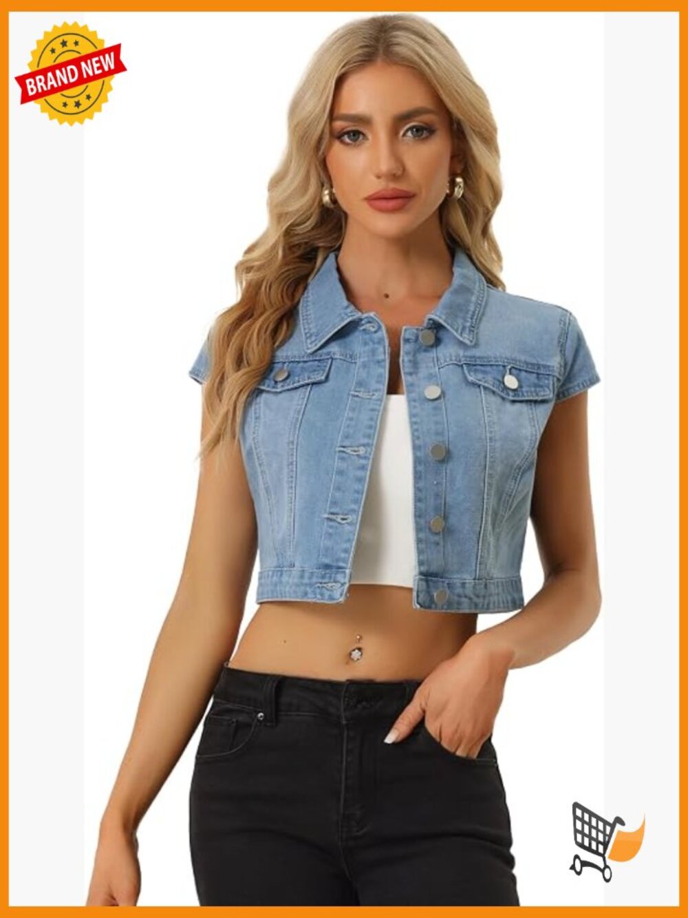 Cropped Denim Jacket Cap Sleeve Crop Jean Jacket Summer Casual
